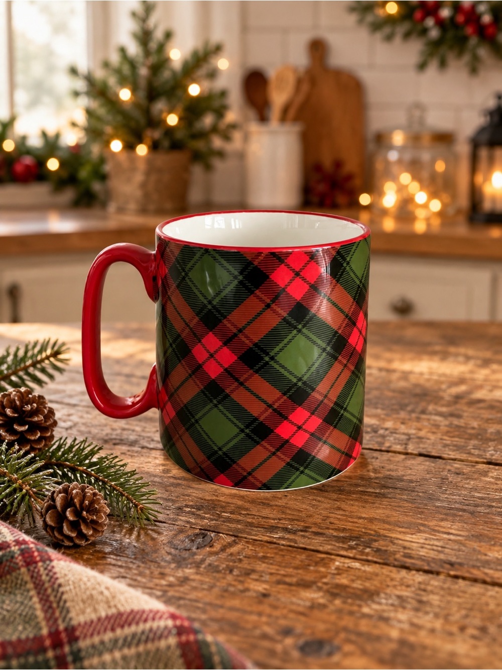 Festive Plaid Ceramic Mug - Red & Green